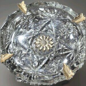 Vntge American Brilliant Thick Cut Glass Ashtray w/Gold Accent Cigarette Holder